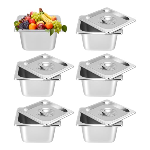 Crlvlyn 4PCS Stainless Steel Gastronorm Pan 1/6 with Lid,Stainless Food Storage Containers Stackable Metal Steamer Pan for Kitchen Restaurant Party Buffet Event Catering