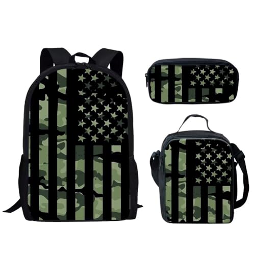 Set di 3 zaini per la scuola per ragazze e ragazzi e bambini in età prescolare e astuccio per il pranzo Caccia mimetica bandiera americana