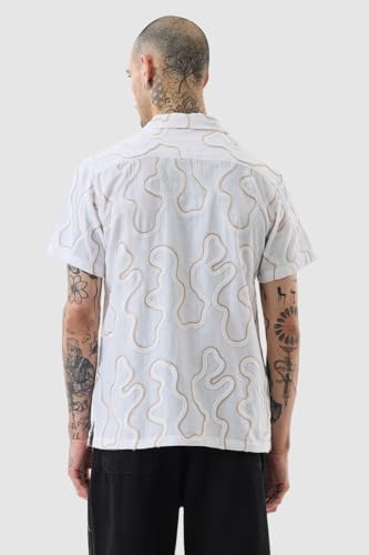 Image of SNITCH Men Casual Shirt | Regular Fit Half Sleeve Cuban Collar Textured Pattern with Embellished Sequins | 100% Viscose & Breathable Fabric for Everyday Wear