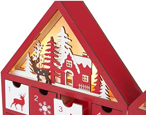 Valery Madelyn 24-Day Wooden Village Christmas Countdown Advent Folding Calendar with Warm LED Lights, Red and White Xmas Ornaments for Table Mantel Decorations, 11.4inch/29cm