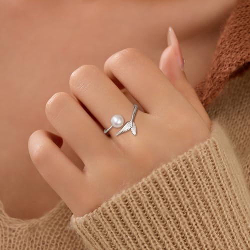 925 Sterling Silver Pearl Mermerid Tail Rings for Women Cute Adjustable Fish Whale Tail Stackable Ring Open Ocean Animals Statement Promise Ring Summer Birthday Jewelry Gifts to Daughter2