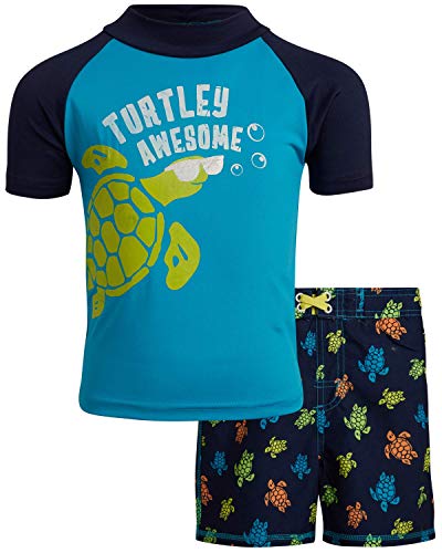 Mick Mack Baby Boys 2-Piece Rash Guard and Trunk Swimsuit Set, Size Toddler 4T, Royal Turtley Awesome