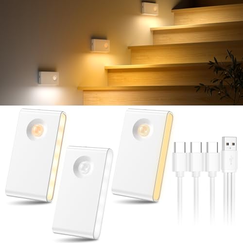 daphomeu Lot De 3 Veilleuse Detecteur de Mouvement, 3 Couleurs et Luminosité Réglable, Lampe Detecteur de Mouvement Interieur, Rechargeable Veilleuse pour Escaliers, Couloirs, Salles de Bains