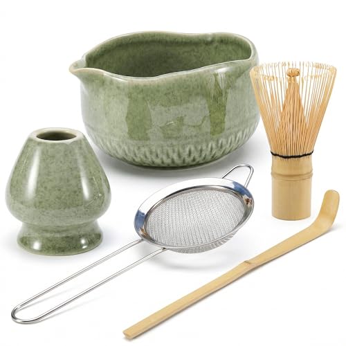 MiraFolk Matcha Set Whisk and Bowl – 5Pcs Ceremonial Grade Matcha Kit with Sieve, Bamboo Whisk, Holder, Scoop – Food-Grade Materials – Beautiful Handcrafted Design (Powder Not Included)