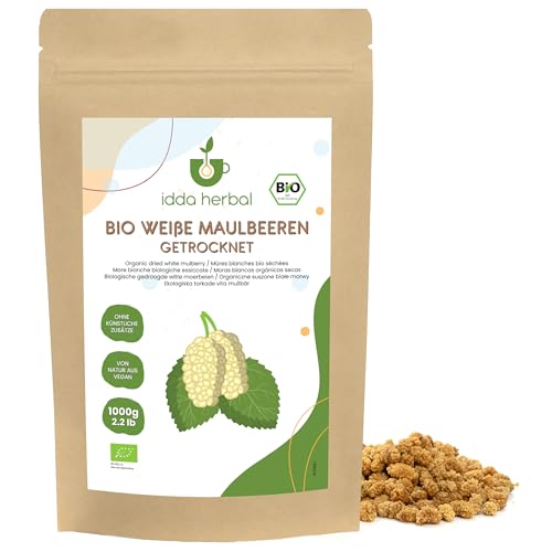 IDDA Herbal Maulbeeren weiß BIO 1kg, weiße Maulbeeren getrocknet, verzehrfertiger Fruchtsnack