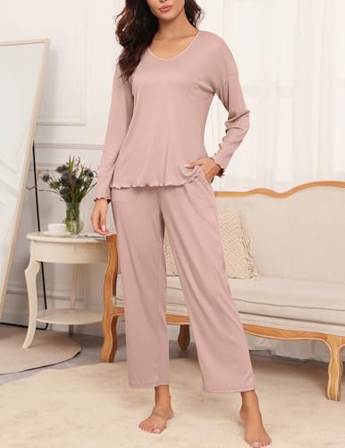 Ekouaer Womens Ribbed Knit Pajamas Set V Neck Long Sleeve Pj Set 2 Piece Loungewear Casual Sleepwear