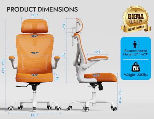 Image of Ergonomic Office Chair - Mesh Desk Chair with Adjustable Lumbar Support High Back Computer Gaming Chairs - Big and Tall Office Chairs Adults, Comfortable for Long Hours, Orange