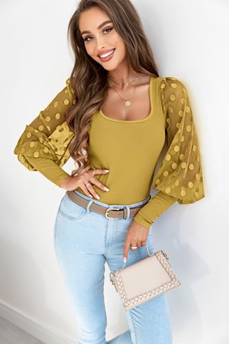 Image of miduo Womens Tops Square Neck Polka Dot Balloon Long Sleeve Top Shirts Slim Knit Ribbed Tops Blouses