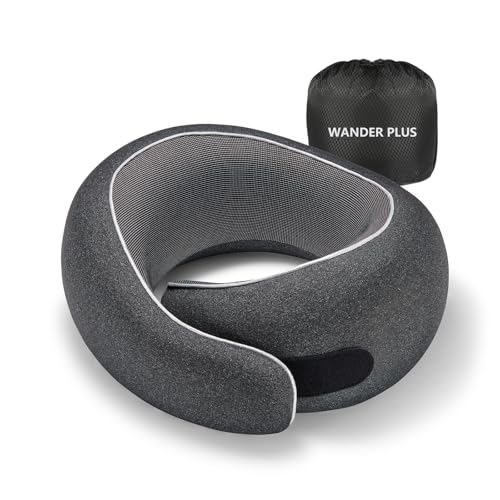 Image of WANDER PLUS® Travel Neck Pillow Airplane Best for Sleeping Plane Car Train Office Flight for Adults Neck Support Ergonomic Design Memory Foam Packable Stuffable Inflatable Max Black