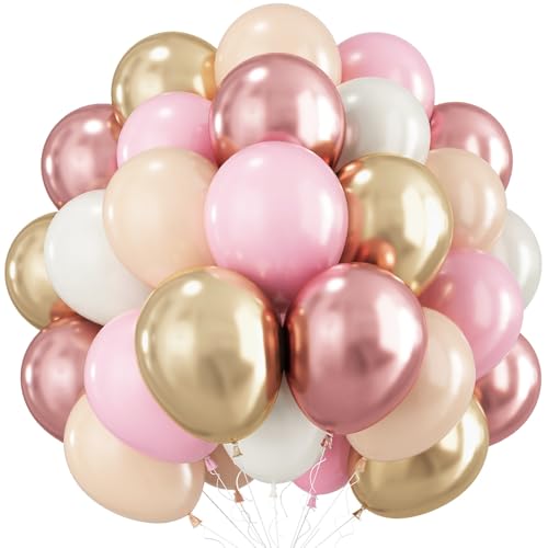 Image of Rose Gold and Pink Balloons, 60PCS Baby Pink Apricot Ivory White Balloon 12Inch Metallic Chrome Gold Rose Gold Balloon Beige Blush Nude Balloon for Boho Wedding Bridal Baby Shower Birthday Decorations