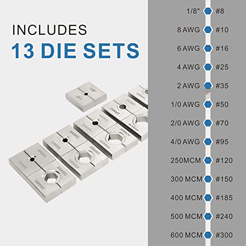 Industrial Hydraulic Cable Lug Crimper 16TON 15MCM to 600 MCM Electrical Terminal Cable Wire Tool Kit Includes 13 Pairs of Die Sets