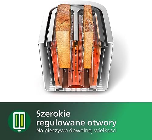 PHILIPS Toster wyposażony w 2, duże regulowane otwory, 8 poziomów opiekania, Funkcja podgrzewania i rozmrażania, Wyjmowana tacka na okruszki, Kompaktowa kontrukcja, Kolor biały, HD2581/00