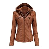 PengGengA Veste en similicuir Femme Fermeture Éclair Manteau à Capuche amovible Court Blouson de moto - Chameau, XXL
