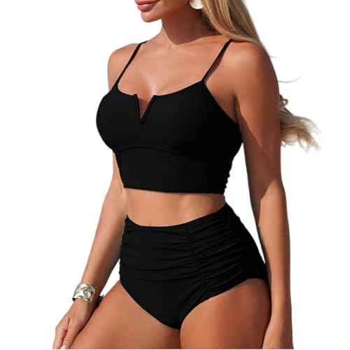 Damen High Waist Geraffte Badehose Träger Bikini Cropped Zweiteiler V Ausschnitt komfortabler Schnitt für Wassersport Badetag und entspannte Strandferien Black M