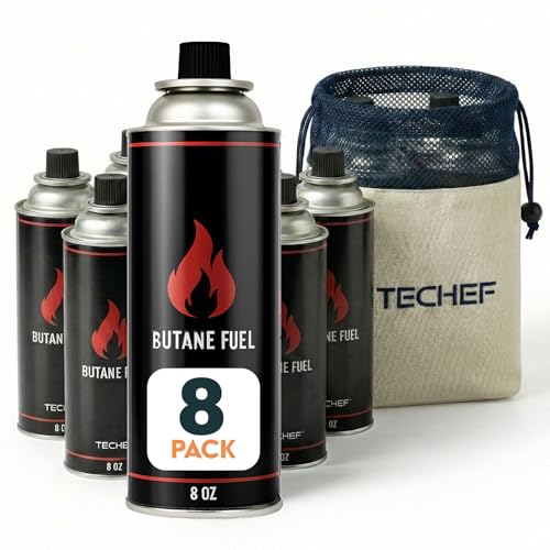 TECHEF 8 Pack x 8oz Butane Gas Fuel Canisters Cylinders Tin with Dual Safety System for Portable Gas Stoves, Camping Stoves, Gas Burners, Cooking Torch, UL Listed, Made in Korea