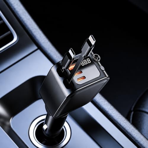 Car Phone Charger Retractable Car Charger 5 in 1 Quick Charge 30W Dual USB Type C Retractable Cable, 31.5" and 2 USB Ports for iPhone 17/16/15/14/13/12, Samsung, Pixel, iPad - 3