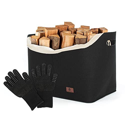 FEUERSTALL Kaminholztasche mit herausnehmbarer Innentasche - Kaminholzkorb Filz mit Handschuh...