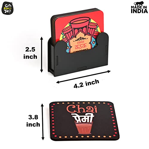 GKD Wooden Coaster Set of 6 with Stand | Chai Quote Tea Coffee Coasters | Wooden Table Coasters for Home Office Desk Decor | Designer Drink Coasters | Square 3.8 x 3.8 Inch