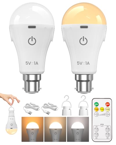 Image of B22 Rechargeable Light Bulb with Remote Control, 3 Color & Dimmable, USB Rechargeable Emergency Light, 2600mAh Battery Up to 24H - No Wiring Needed for Power Cuts, Camping, Stairs(A60, 2 PK)