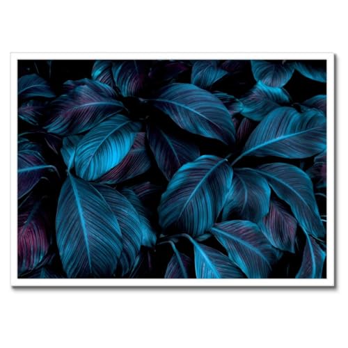 Décoration murale 70 x 50 cm poster feuilles bleues cadre noir