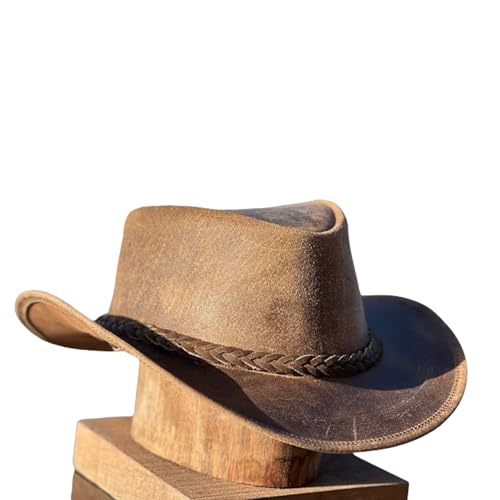 Men's Real Leather Cowboy Hats Australian Western Style Crazy Vintage Tan Outback Antique Hat with Shapeable Wide Brim