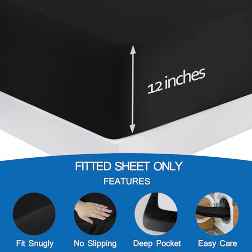 Image of Twin Fitted Sheet Soft Twin Size Fitted Sheets for Kids Boy Up to 12 Inches Deep Procket, Single Size Bed Mattress Sheets Stretchable and Breathable Jersey Knit Cover, Bottom Sheet Only, Black