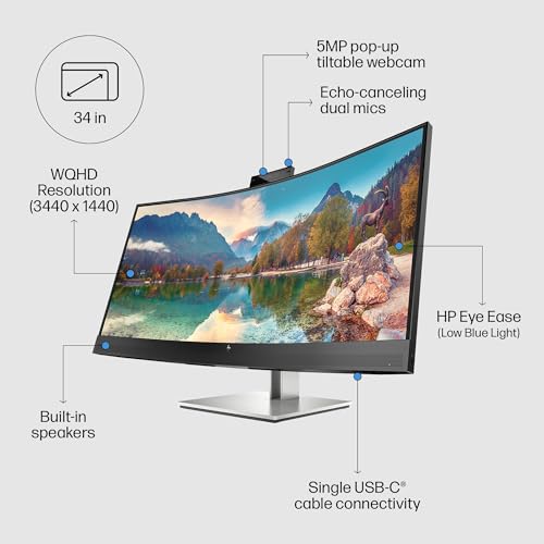 Image of HP E34m G4 32 inch Curved Conferencing MNTR, On-Screen Controls; Anti-Glare; Height Adjustable; Integrated Speakers; Curved Display; Webcam Eye Ease