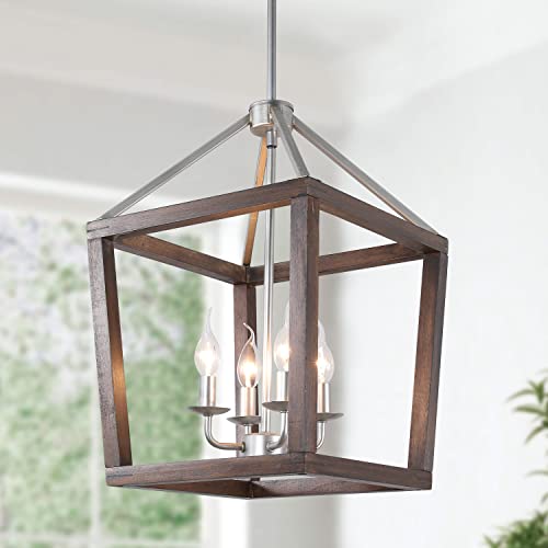 Cfaghomedesign 4-Light Rustic Chandelier Light Fixture,Oak Wood Pendant Lighting For Dining Room Living Room Bedroom Kitchen Island Foyer,Coffee Wood And Silver Metal Finish #TOP5