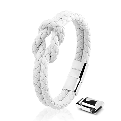 SERASAR Leder-Armband Damen Weiß 18cm - Weiss Frauen-Armband Echt-Leder Schmuck-Schachtel Knoten-Armband Armkette Freundin Schwester Mädchen Partner Geschenke Pärchen Paar Mama Geschenkidee für Sie