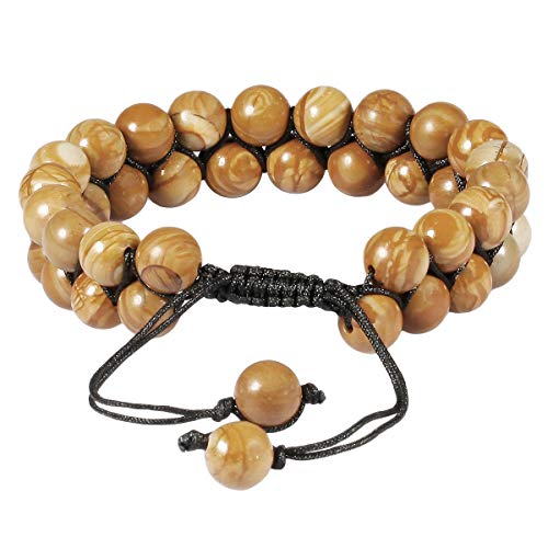 Tumbeelluwa Beaded Bracelet Stone 8Mm Double Layers Adjustable Meditation Power Healing Crystal Bracelets,Petrified Wood #TOP2