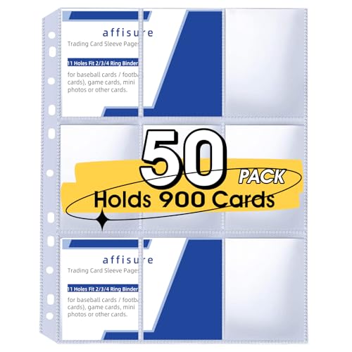9 Pocket Card Sleeves, Holds 900 Cards, Trading Card Binder Sleeves, 3 Ring 9 Pocket Pages for Sports Cards, Coupons, Game Cards, 50 Pack