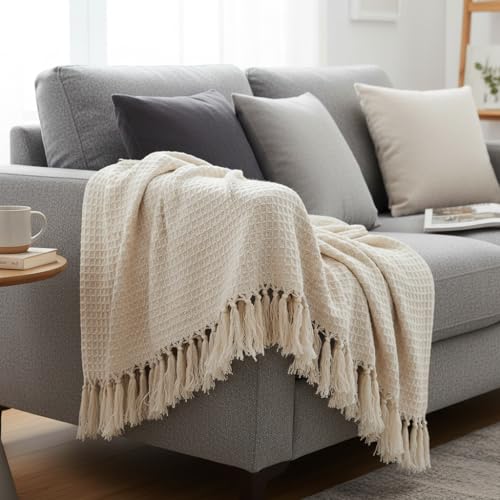 Image of 100% Cotton Waffle Weave Sofa Throw Blanket 50x60 Inches or 125x150 cms Lightweight, Soft & Breathable Couch, Bed or Chair Throw Blanket for Living or Bedroom, Beige