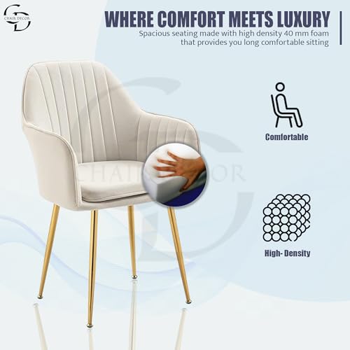 Image of Velvet Accent Chair with Matching Pouffe & Floral Cushion | Modern Upholstered Armchair with Gold Metal Legs | Lounge Chair for Living Room, Bedroom, Office, Guest Room (White)