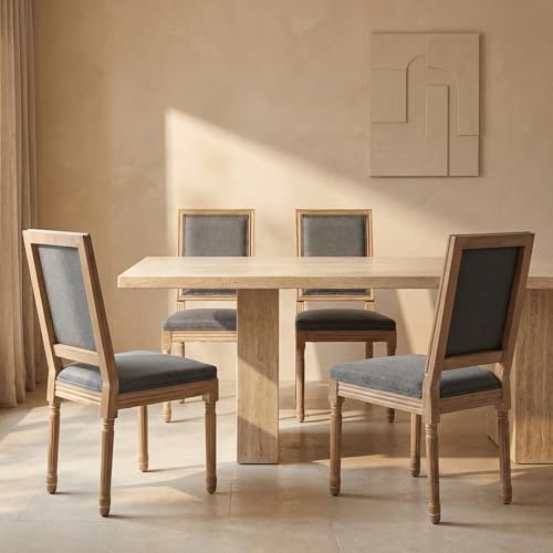 EVERLUNE Vintage French Country Dining Chairs Set of 4, Fabric Dining Chair with a Square Back, Gray Upholstered Dining Chair, Kitchen and Dining Room Chairs, Sillas para Comedor