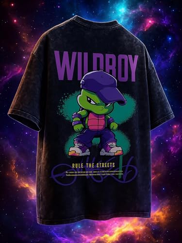 Image of Veirdo Heavy GSM Pure Cotton Men's Graphic Print Oversized Fit Half Sleeve Round Neck Cotton Acid Wash Print T-Shirt in Different Colors with Sizes ranging from S to 2XL.