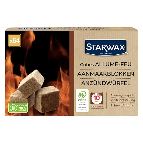 STARWAX - Cubes Allume-feu - Jusqu'à 10min de Combustion - Allumage Rapide Propre et sans Odeur - N'altère Pas la saveur des Aliments - PEFC - Lot de 64 Cubes