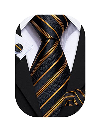 Image of Barry.Wang Tie Sets for Men Silk Stripe Necktie Woven Checkered Handkerchief Cufflinks Formal Business Wedding