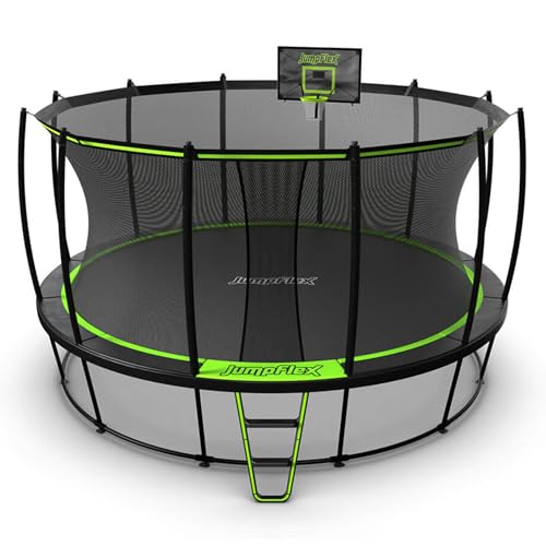 JumpFlex Trampoline with Basketball Hoop - Hero 12FT 14FT 15FT Round Outdoor Backyard Trampoline ASTM Approved with Net Safety Enclosure & Ladder Playset with Fast Assembly