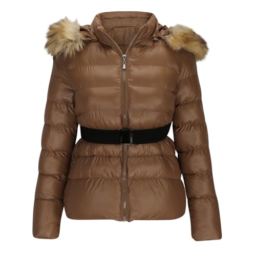 Puffer Jacket Womens Winter Casual Zip up Long Sleeve Faux Fur Hood Short down Jacket Vintage Lightweight Ladies Coat