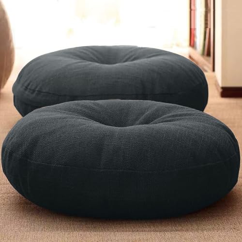 座布団 フロアクッション 2個セット 椅子クッション 円形 高反発 極厚 直径45cm 畳チェアパッド 床 オフィス 車用 和室 リネン風 お尻が痛くならない 通気性 リネン風 北欧 無地 北欧 シンプル おしゃれ(ブラック 約45cm)の商品画像（Amazon）