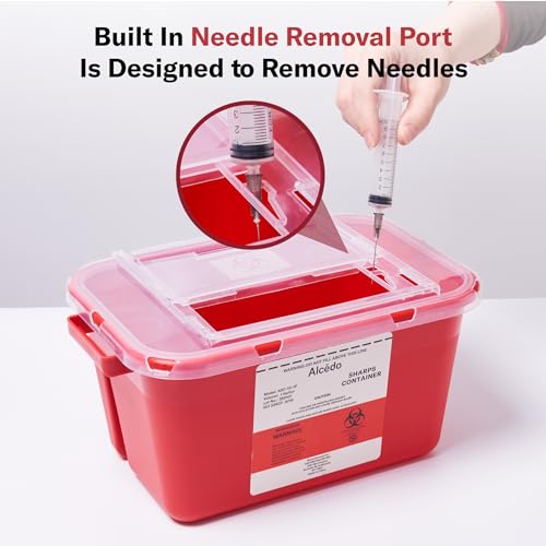 Image of Alcedo Sharps Container 1 Gallon (3-Pack) Home & Professional Use | Biohazard Needle and Syringe Disposal, Built-In Needle Removal Port, Locking Slot for Safe Final Disposal, Clear Lid