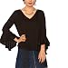 Cheapcotton Women's V-neck Long Bell Sleeves Cut Out Back Blouse (L, Black)