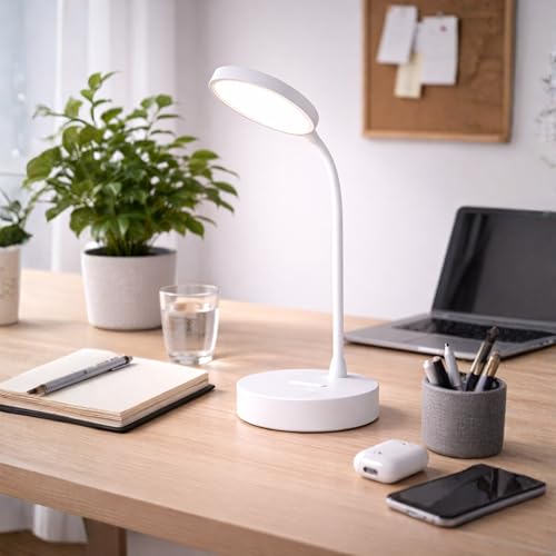 Luminária de Mesa LED Recarregável USB, Abajur Touch com 3 Cores de Luz, Haste Flexível 360° Dimerizável para Estudo, Leitura e Home Office, Bivolt, Portátil, Proteção para os Olhos
