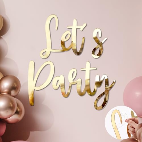Frienda Lets Party Mirror Decal Sticker 20 Inches Large Golden Acrylic Letter Sign for Backdrop Balloon Arch Sweet Birthday Wedding Baby Shower Bachelorette Bar Celebrate Party Decorations