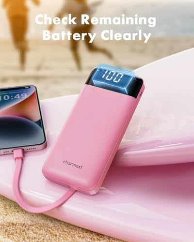 Image of charmast 10000mAh Portable Charger,Built-in 4 Cables,6 Outputs /3 Inputs,3A Fast Charging,Compatible with iPhone,iPad,Samsung,Pixel,LG