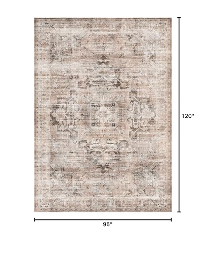 GENIMO 8x10 Area Rugs for Living Room, Machine Washable Non Slip Vintage Rugs, Low Pile Lightweight Chenille Print Rug for Bedroom, Dining Room, Home Office, Brownish Drab