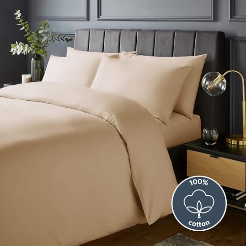 Silentnight Pure Cotton Duvet Set - Luxurious Cool Soft Touch 200 Thread Count - Button Fastening - Breathable 100% Cotton Quilt Cover + Pillowcase Bed Set - Machine Washable, Beige Natural, King
