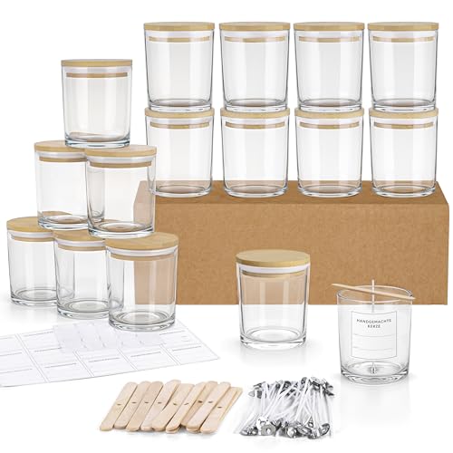Winter Shore 300 ml Glaszylinder für Kerzen (16er-Pack) - Kerzen Glas Leer zum Gießen, Hochwertige Leere Kerzengläser mit Deckel aus Bambus, Dochten & Etiketten - Candle Jars Leer zum Gießen
