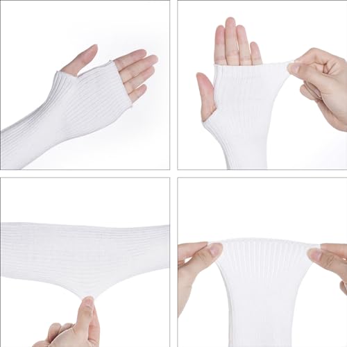 Tongcloud Arm Warmers Winter Fingerless Long Gloves for Women for Women with Thumb Hole (White, 15.8inches)