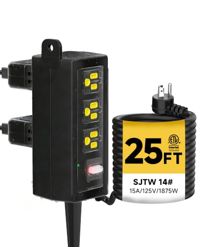 Image of Outdoor Extension Cord, 6 Wide Outlets, 1875W /15A, 25FT 14AWG Heavy Duty SJTW Power Strip with Surge Protector, All-Weather & IP66 Fully Waterproof, Ideal for Patio, Garden, Pool, RV, Black